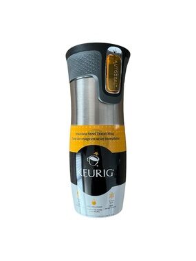 Keurig Stainless Steel Travel Mug with Gray Lid and Yellow Accent
